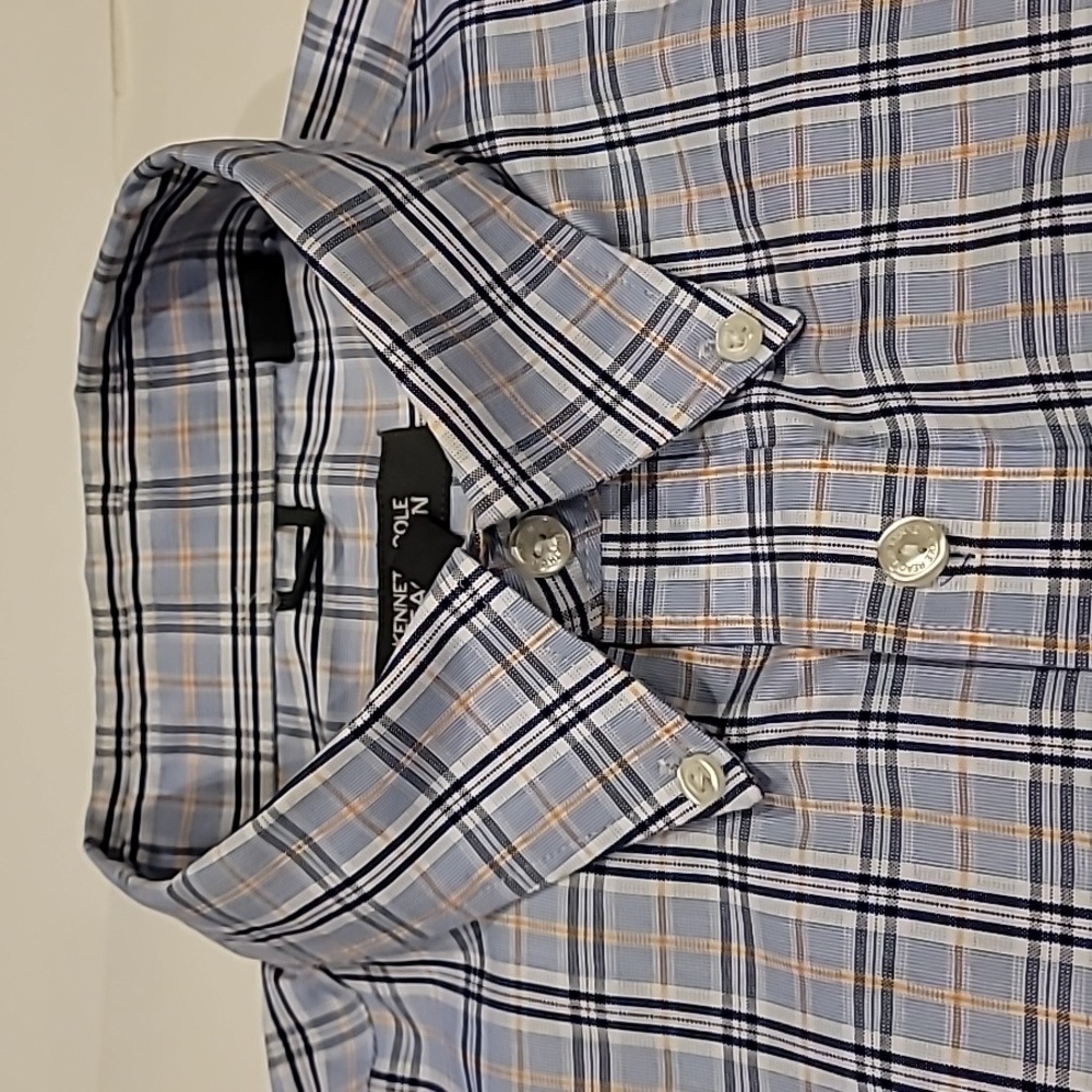 Kenneth Cole Reaction Plaid Button Down Shirt Blue 17-17.5 - Picture 6 of 10